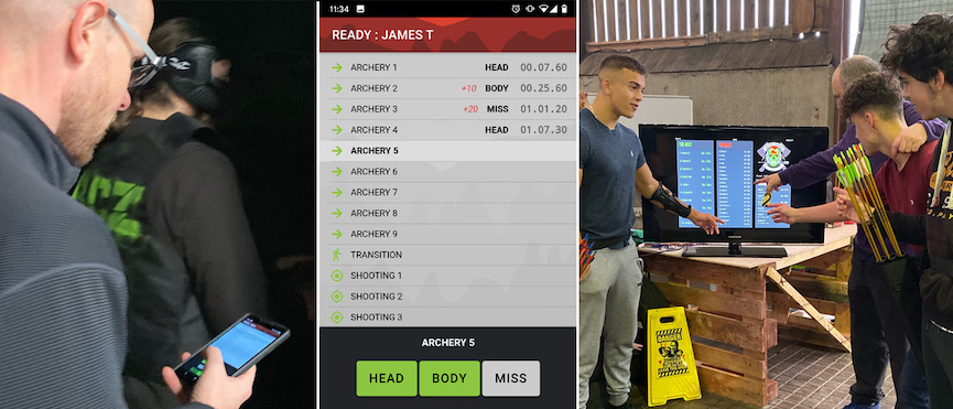 A man looking at his phone. A screenshot of a mobile app for timing competitors. Three tenagers looking at a leaderboard on a TV.